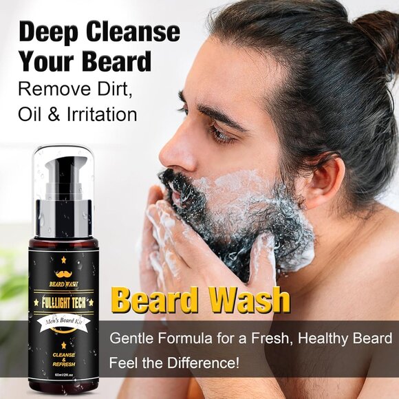 NEW Beard Kit for Men Grooming Beard Oil Wash Balm Comb Brush Scissor Father's D - Picture 4 of 15